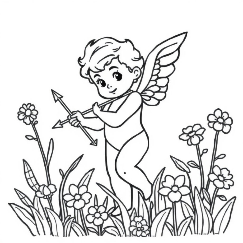 Cupid With Arrow In Garden Coloring Page