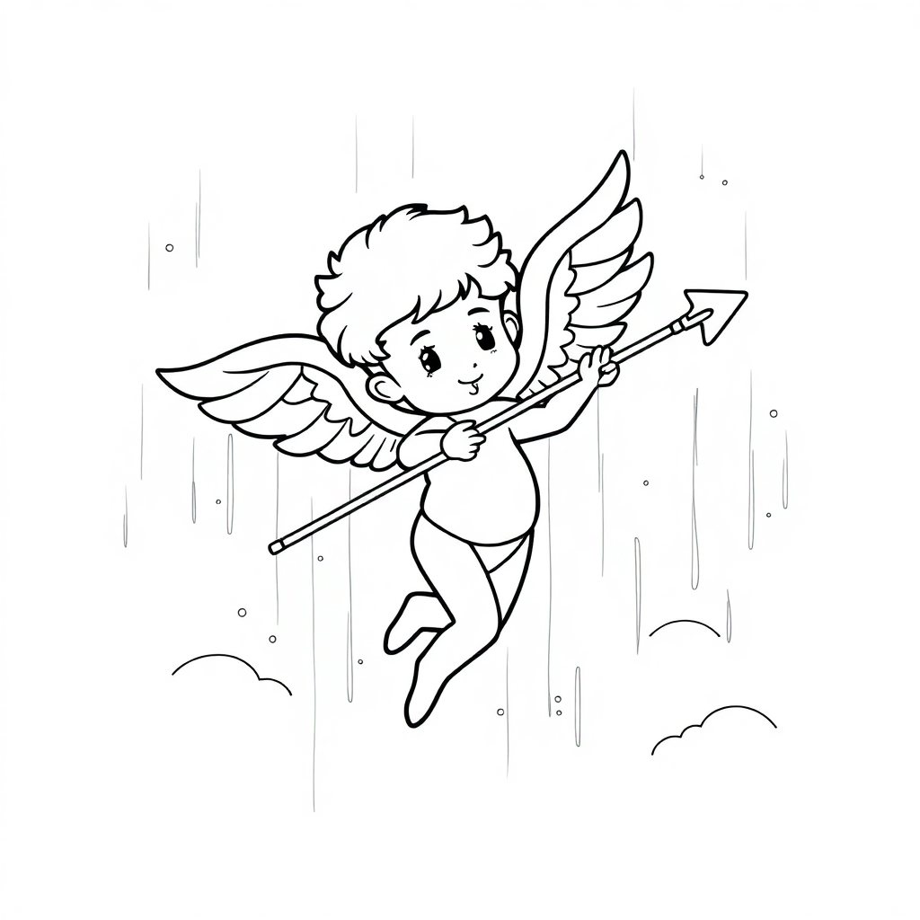 Printable Cupid With Arrow In Rain Coloring Page