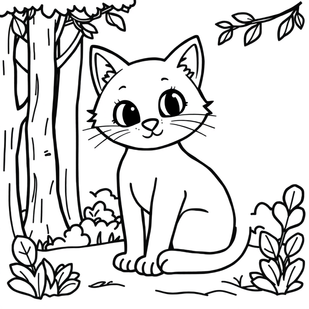 Cute Cat Sitting In Forest Coloring Page