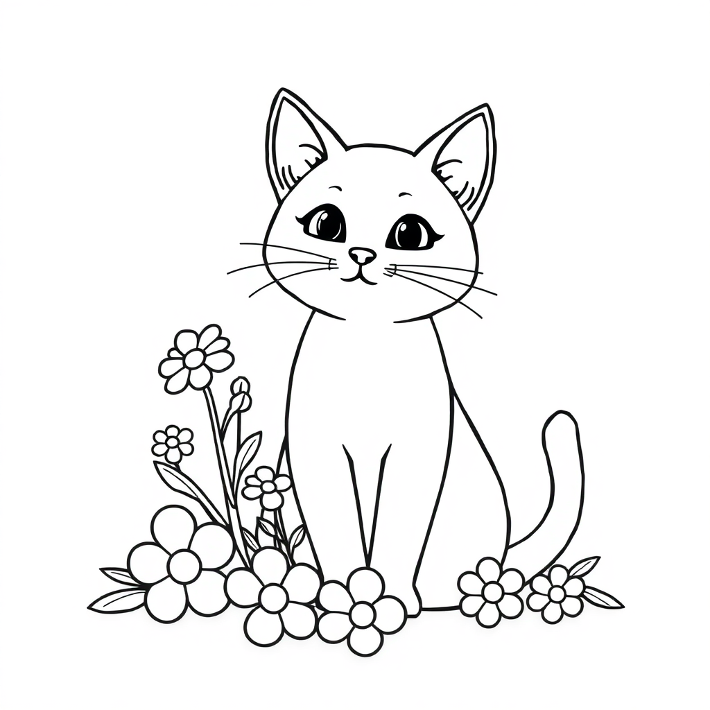 Cute Cat Sitting With Flowers Coloring Page