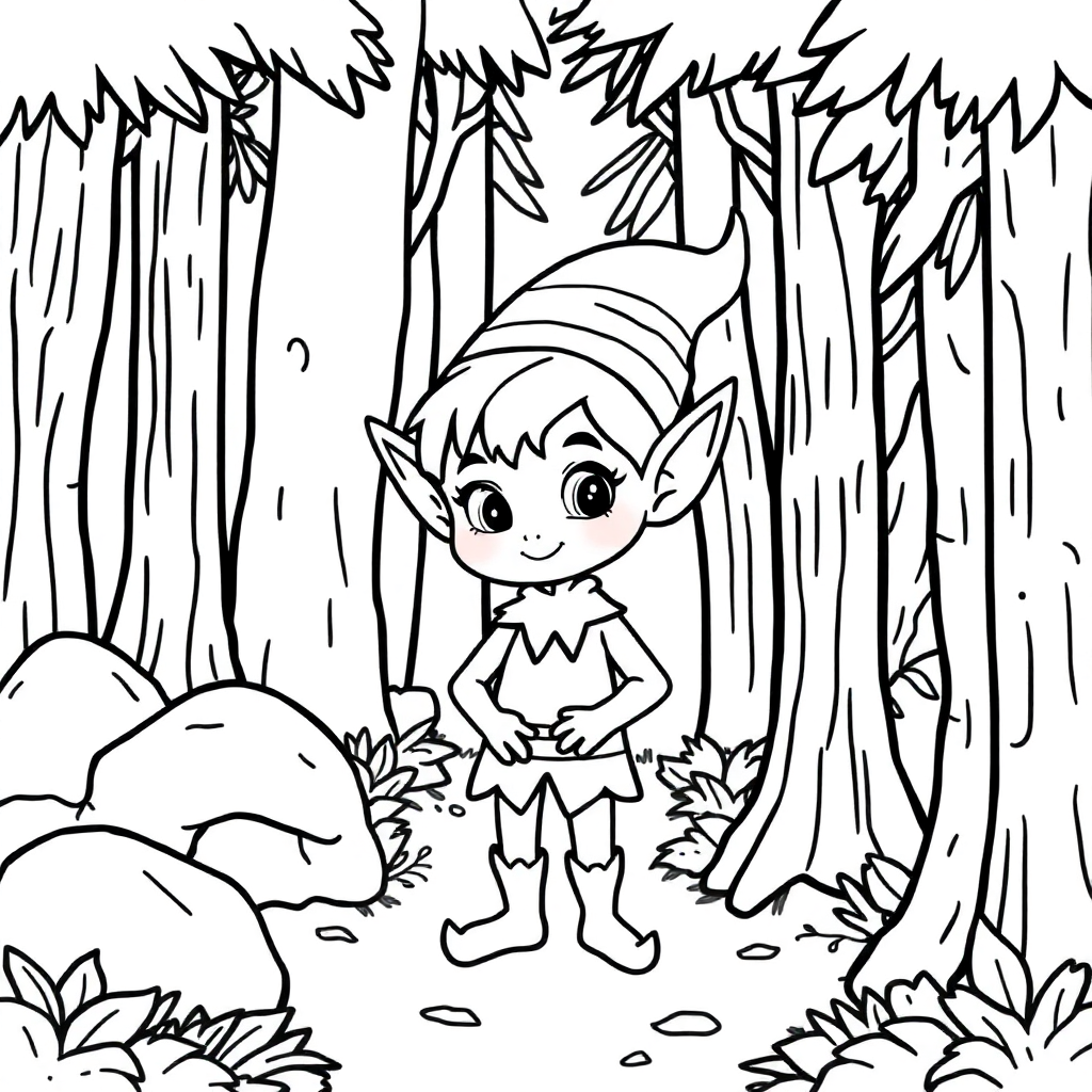 Cute Elf In Forest Coloring Page