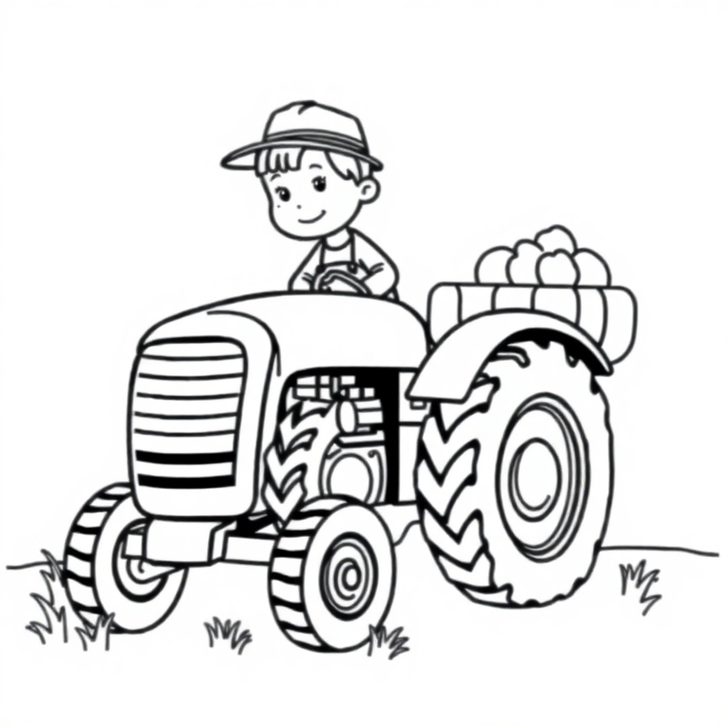 Cute Farmer With Tractor Coloring Page