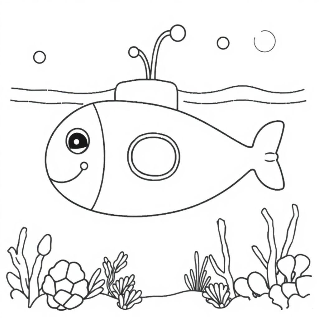 Cute Submarine Underwater Coloring Page