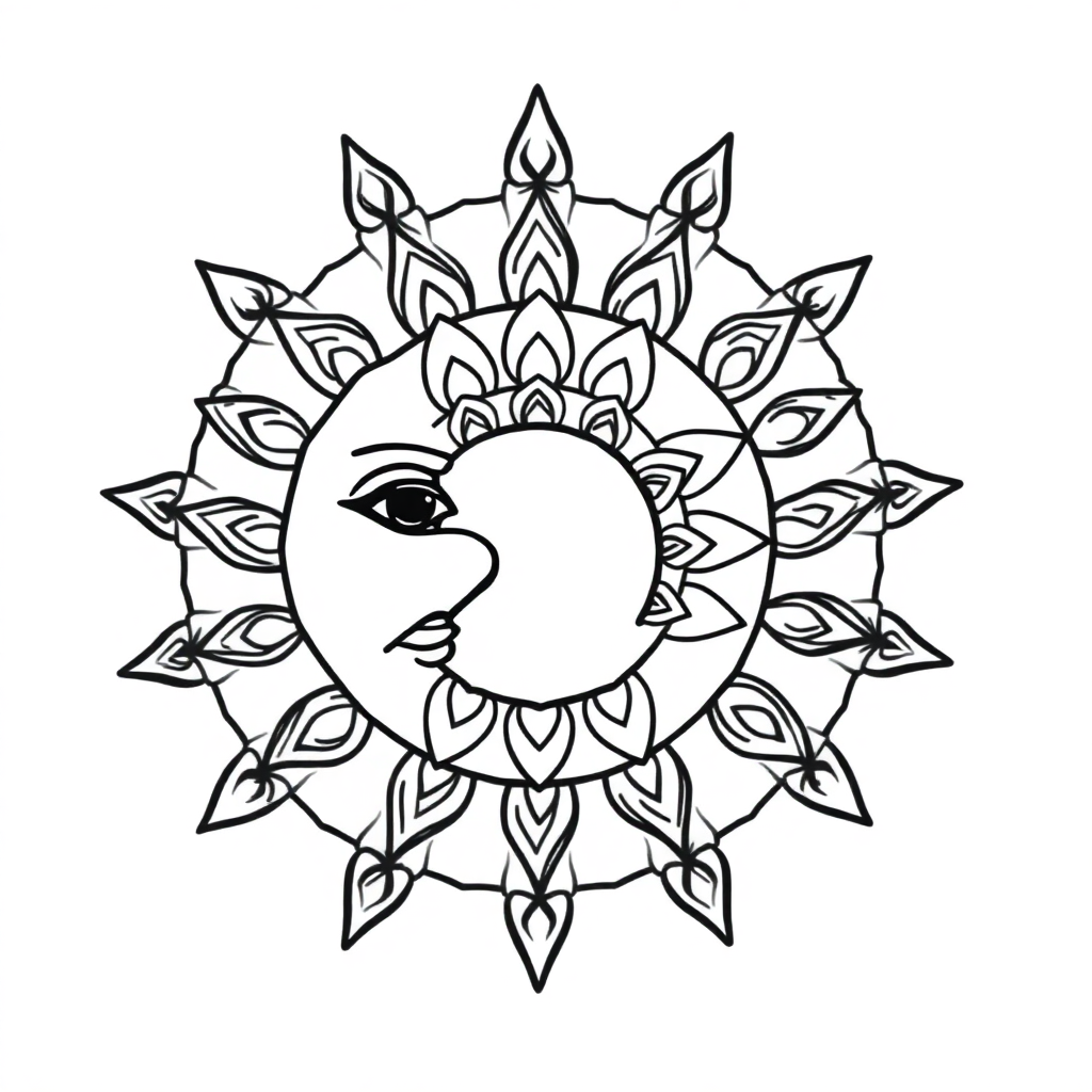 Cute Sun And Moon Mandala Coloring Page