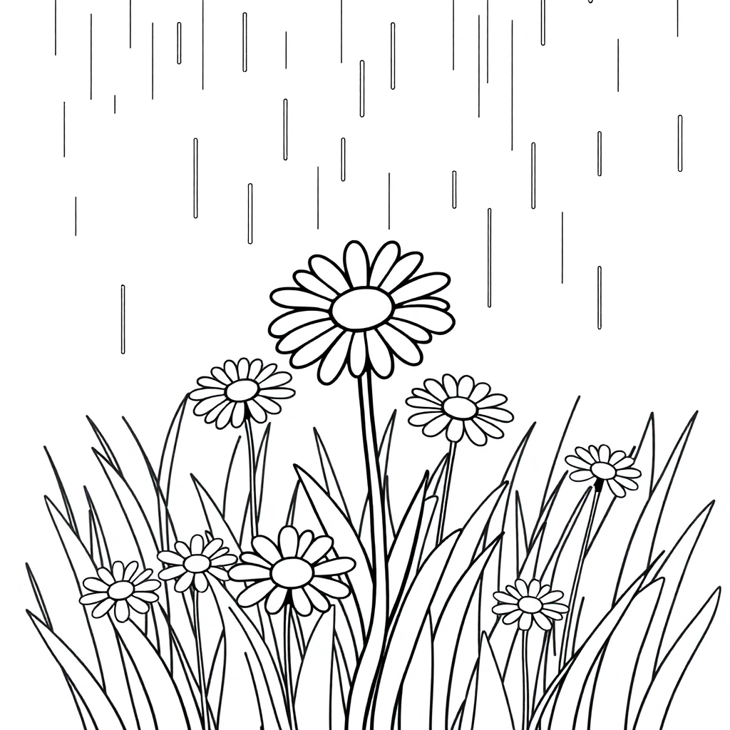 Daisy Meadow In Rain Coloring Page