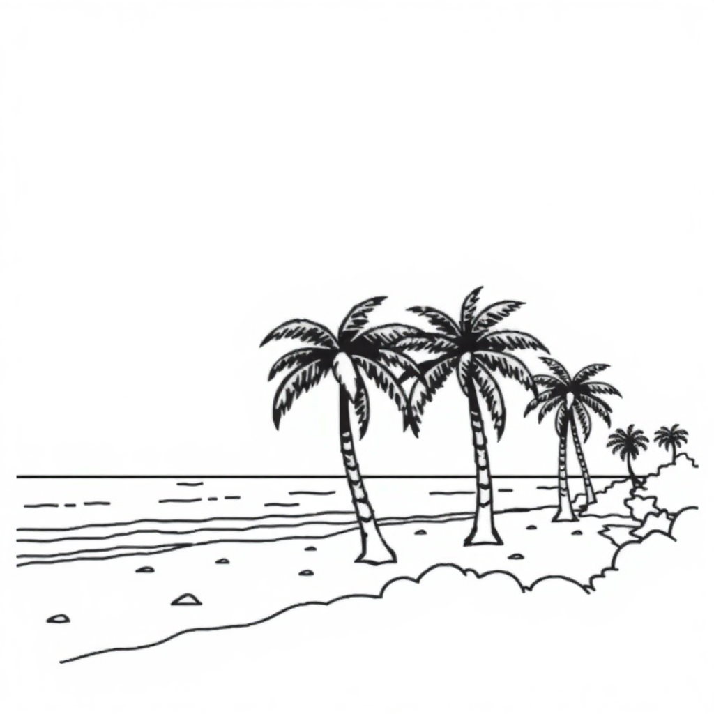 Detailed Beach With Palm Trees Coloring Page