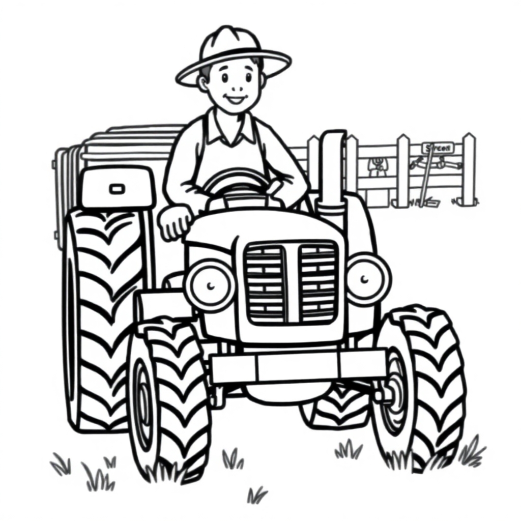 Detailed Farmer With Tractor Coloring Page