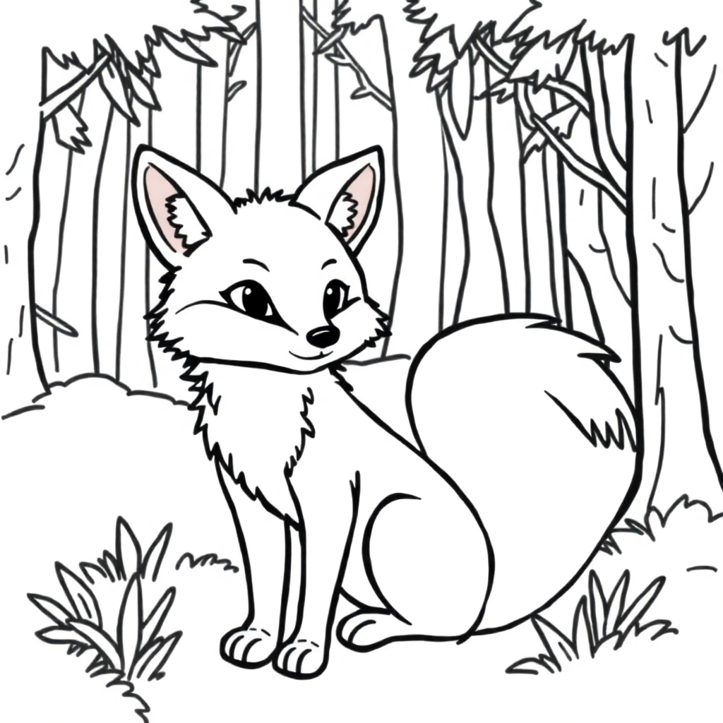 Printable Detailed Fox In Forest Coloring Page