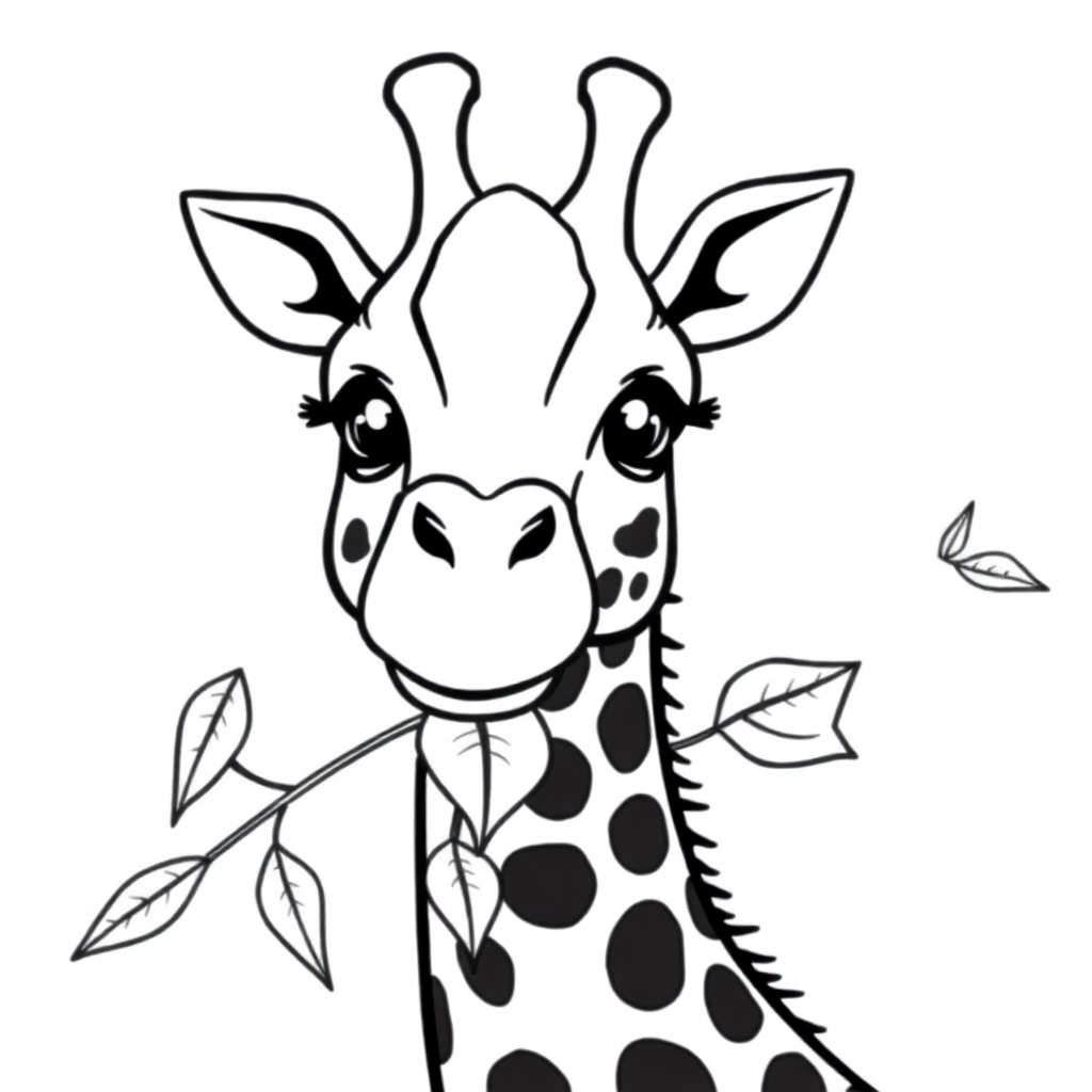 Simple Detailed Giraffe Eating Leaves Coloring Page