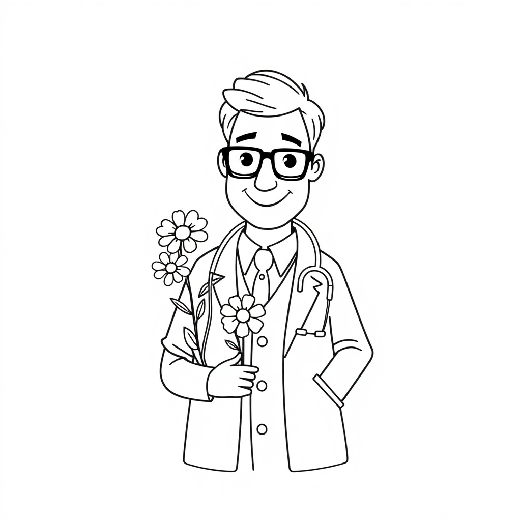 Doctor With Stethoscope With Flowers Coloring Page