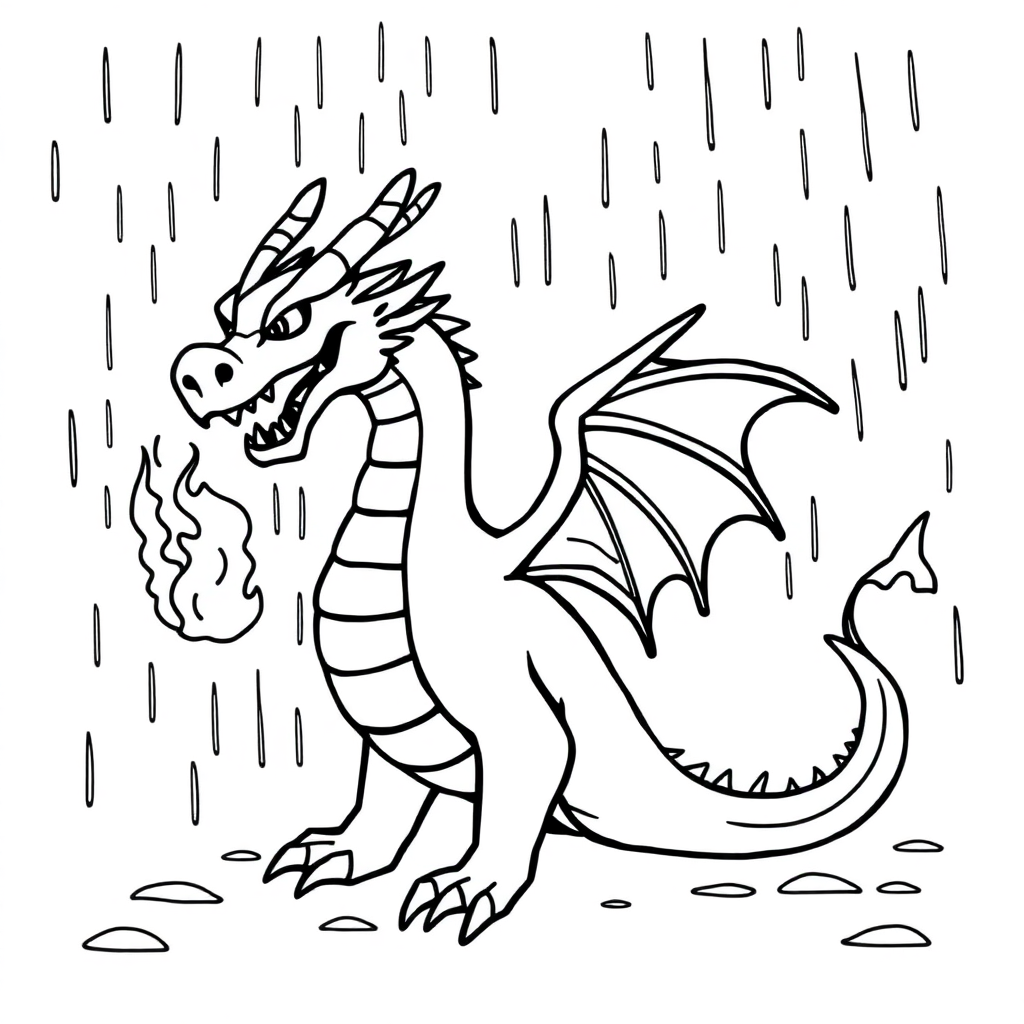 Dragon Breathing Fire In Rain Coloring Page