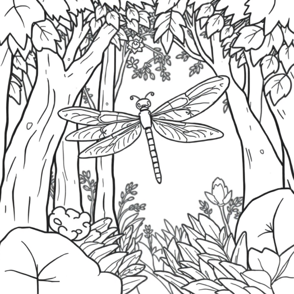 Dragonfly In Forest Coloring Page