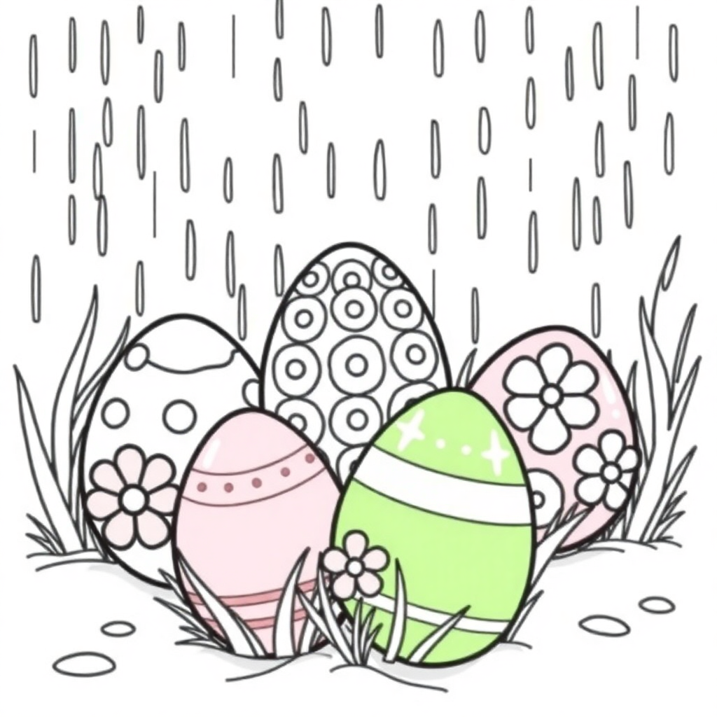 Easter Eggs Decorated In Rain Coloring Page