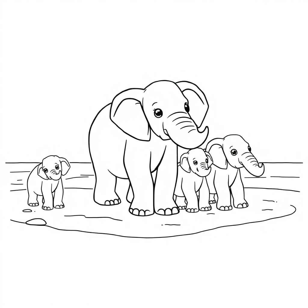 Elephant Family On Beach Coloring Page