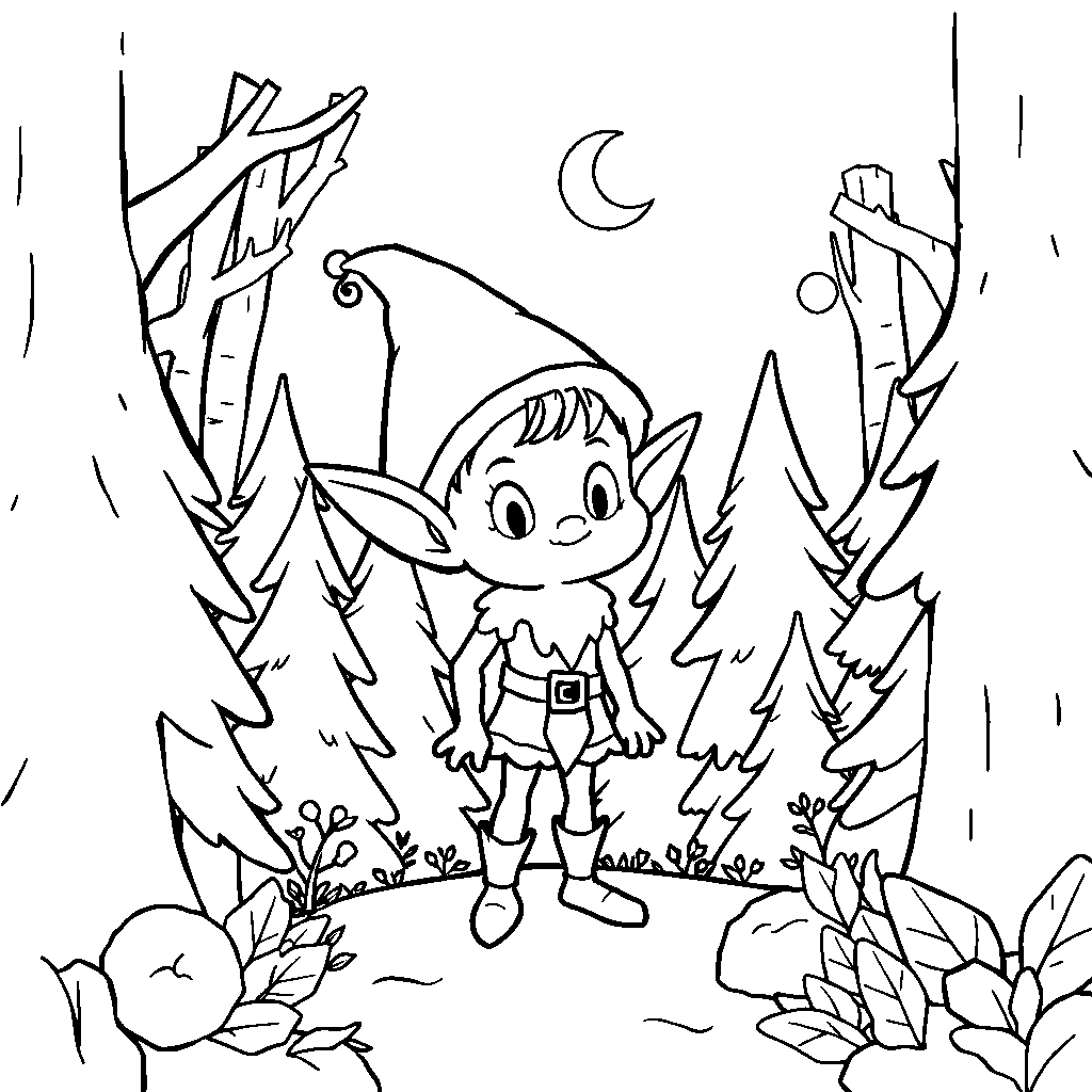 Elf In Forest At Night Coloring Page