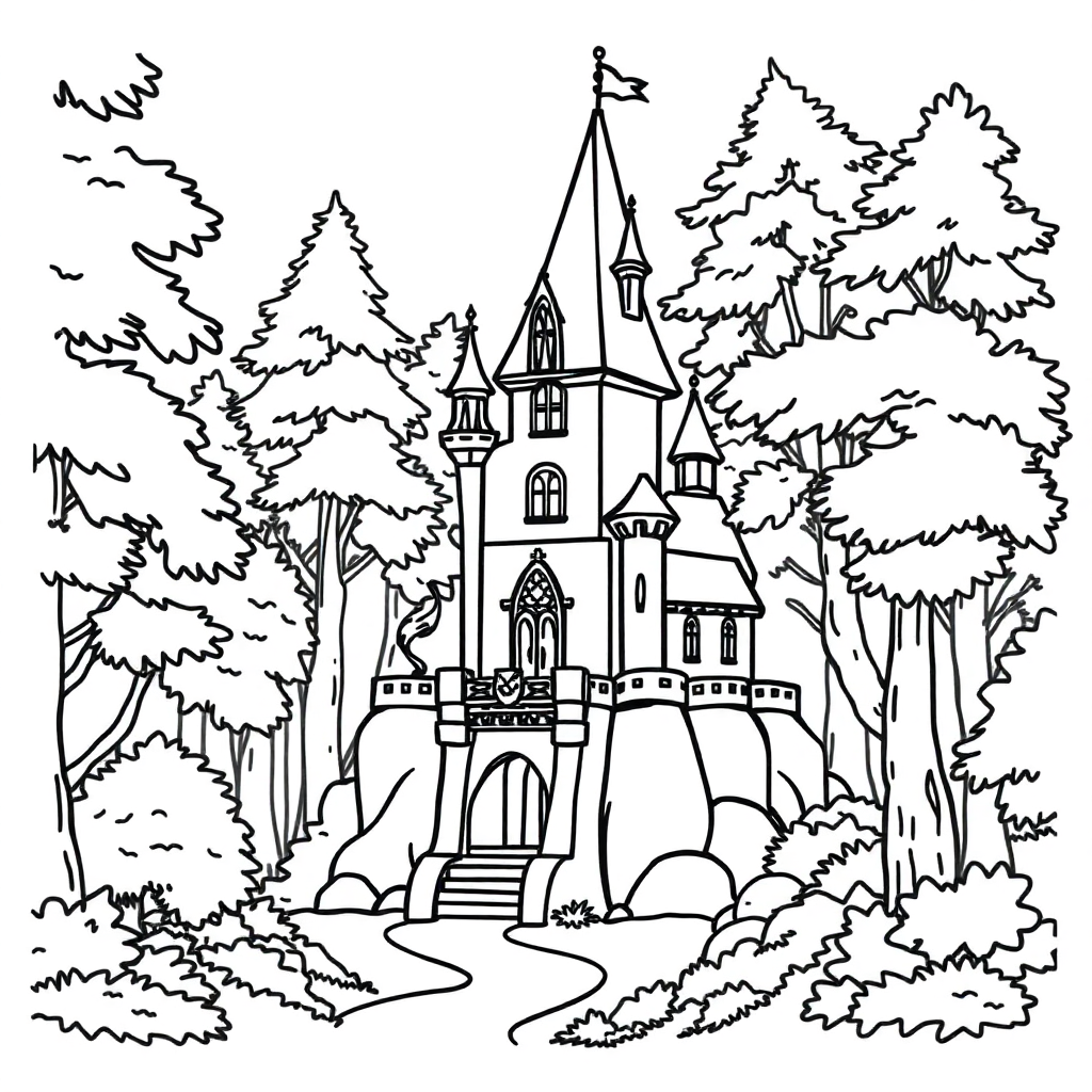 Enchanted Castle In Forest Coloring Page