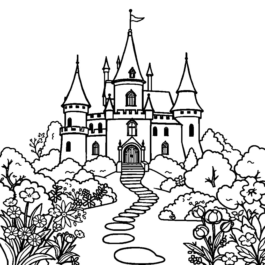 Enchanted Castle In Garden Coloring Page
