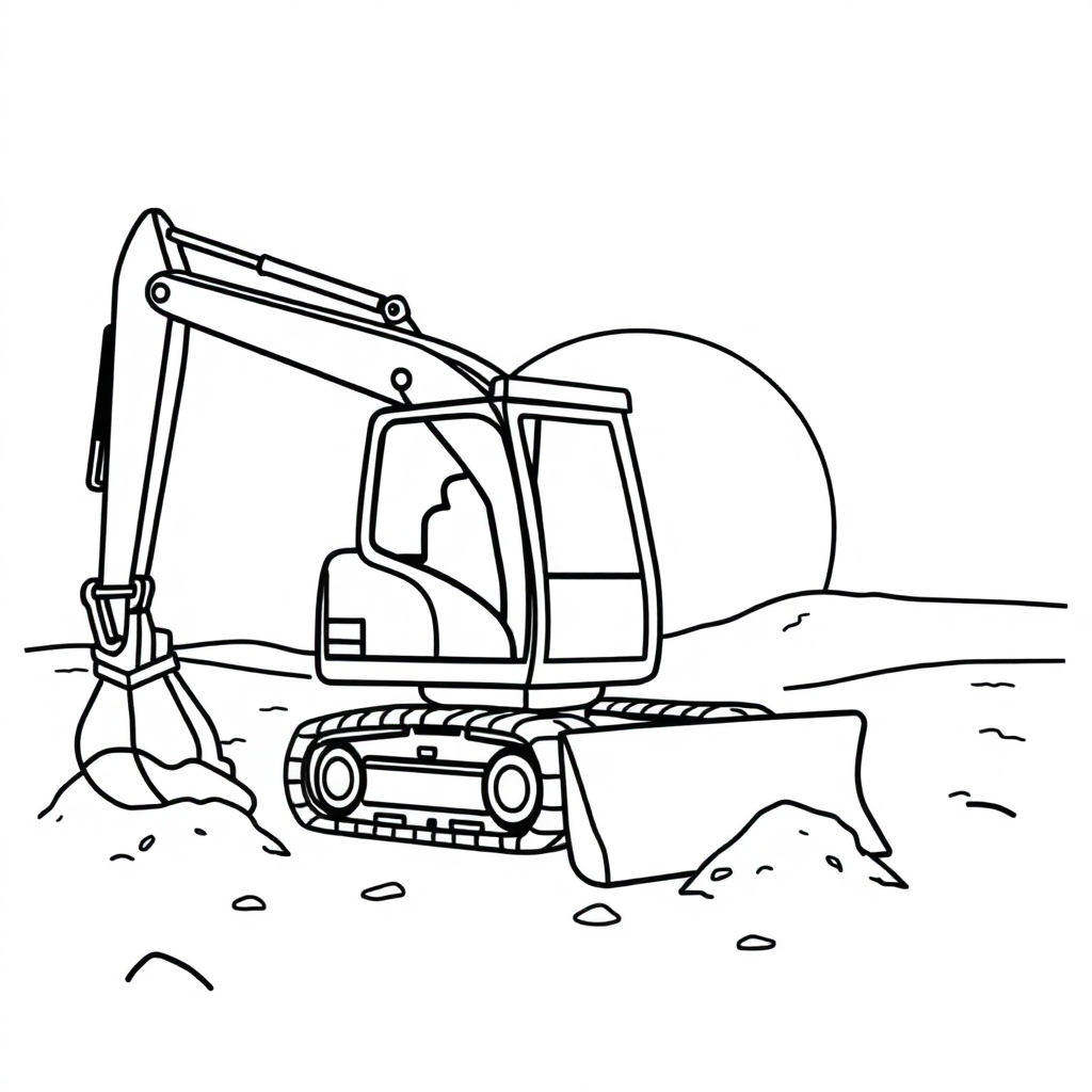 Excavator Digging At Sunset Coloring Page