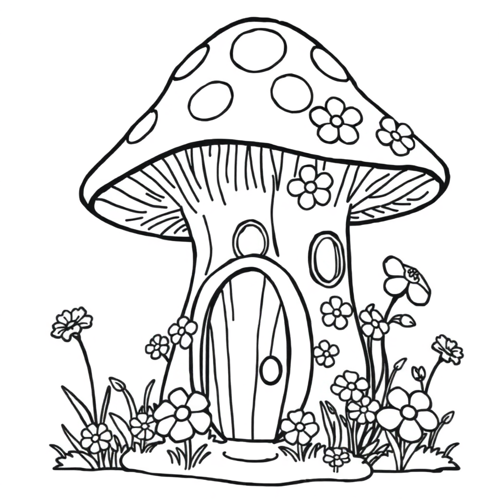 Fairy Mushroom House With Flowers Coloring Page
