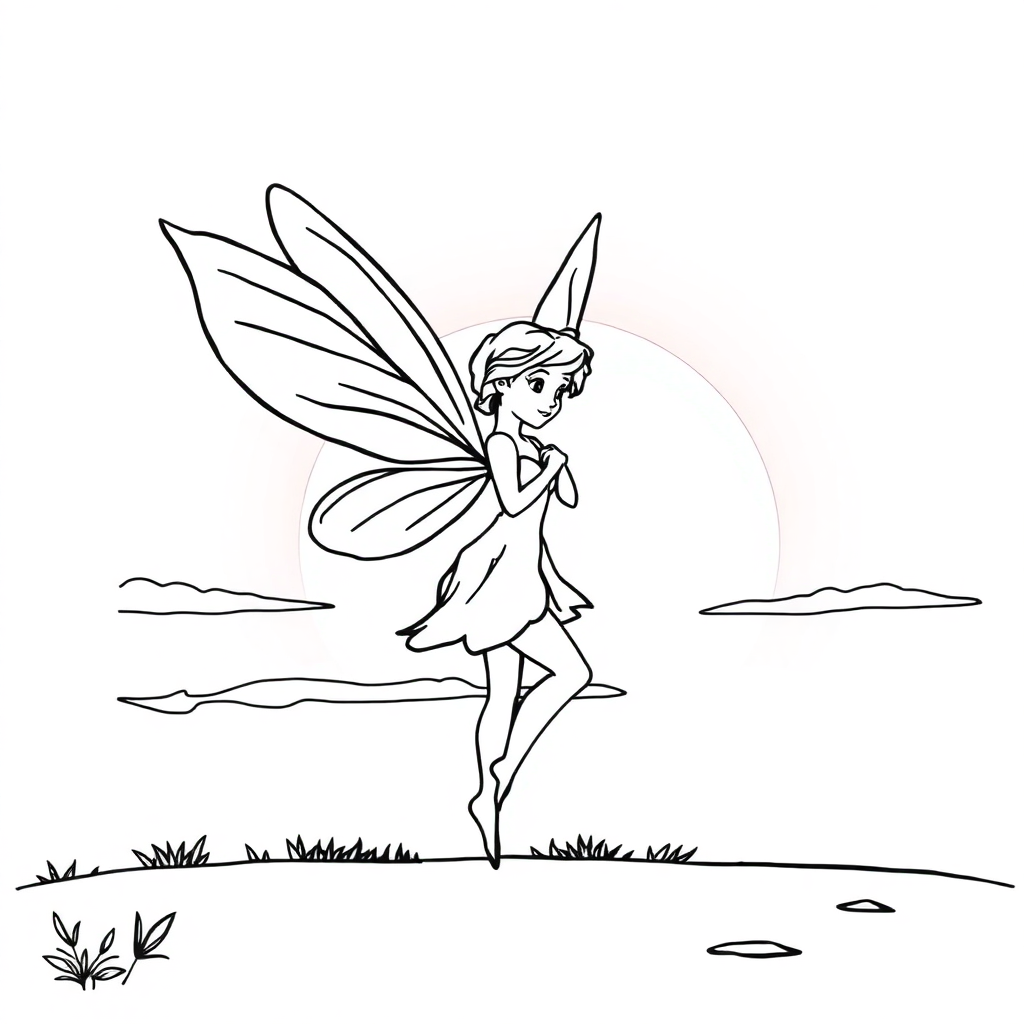 Fairy With Wings At Sunset Coloring Page