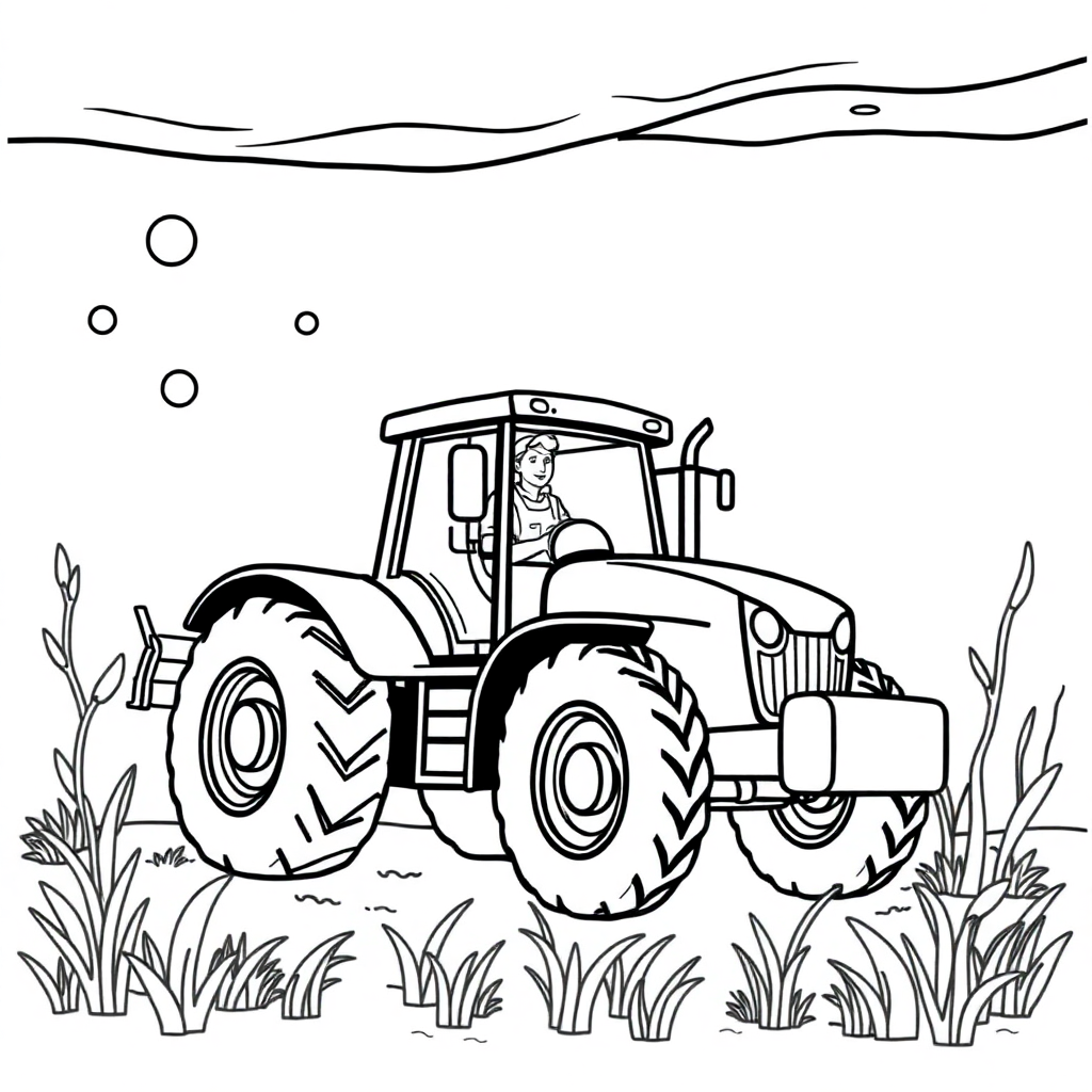 Farmer With Tractor Underwater Coloring Page