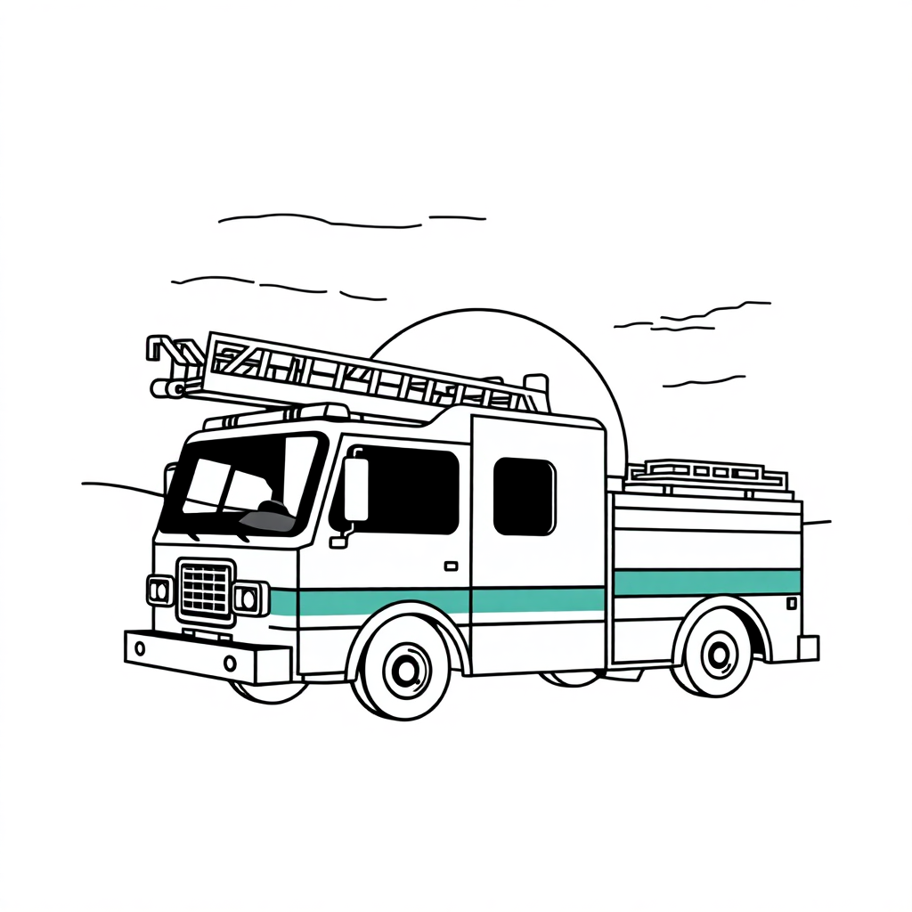 Fire Truck At Sunset Coloring Page