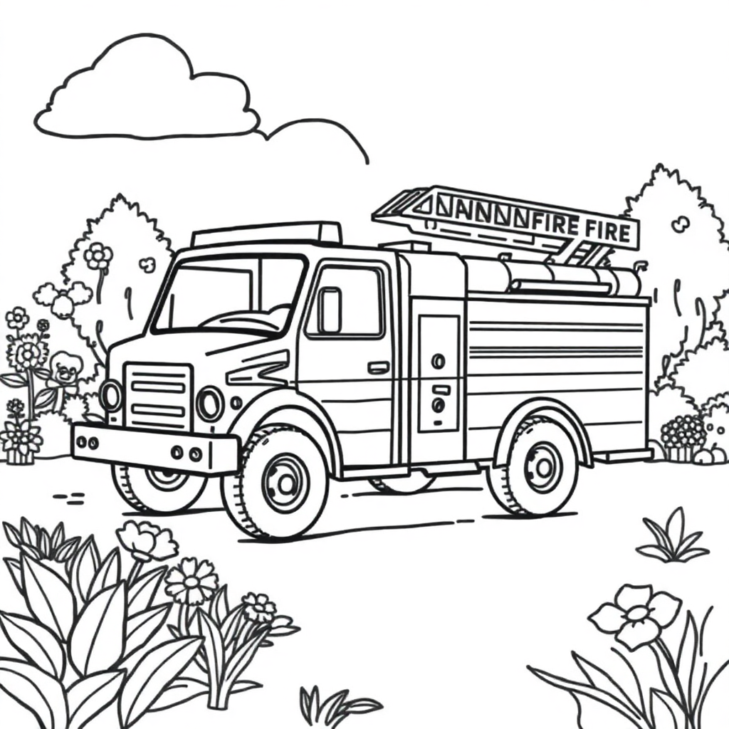 Fire Truck In Garden Coloring Page