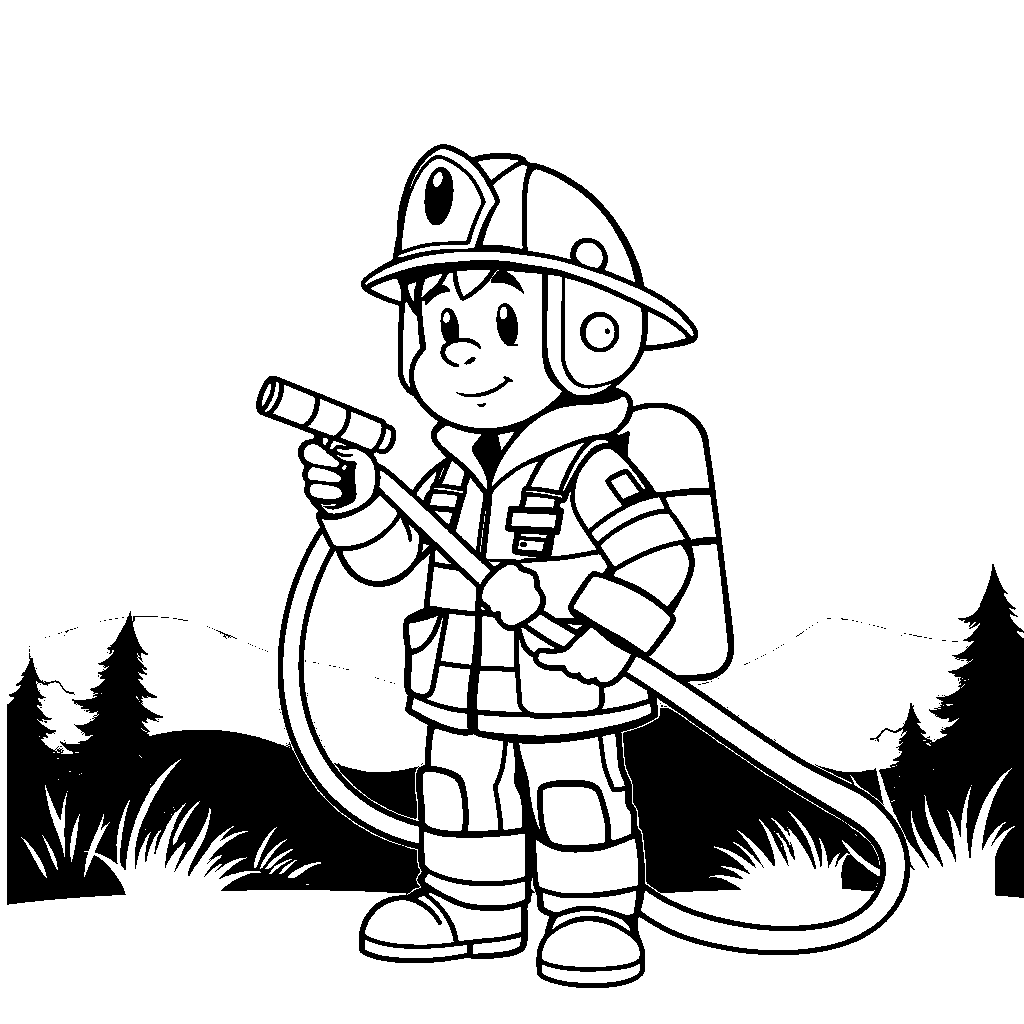 Firefighter With Hose At Sunset Coloring Page