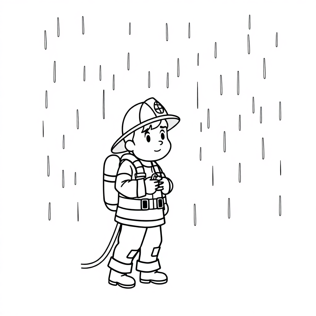Firefighter With Hose In Rain Coloring Page