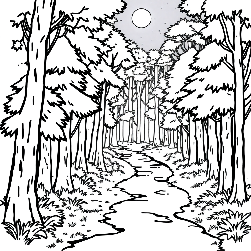 Forest Path At Night Coloring Page