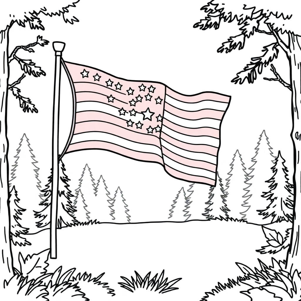 Fourth Of July Flag In Forest Coloring Page