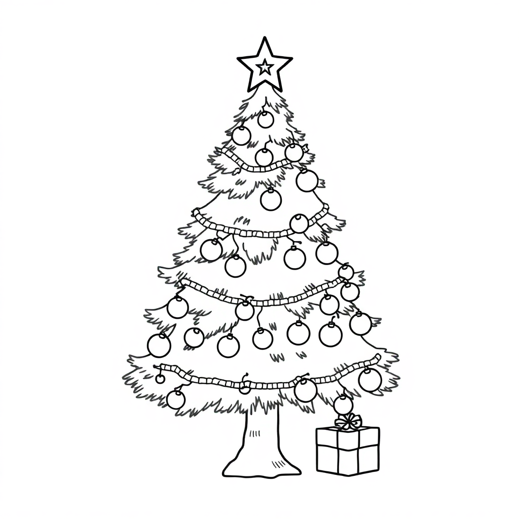 Friendly Christmas Tree Decorated Coloring Page