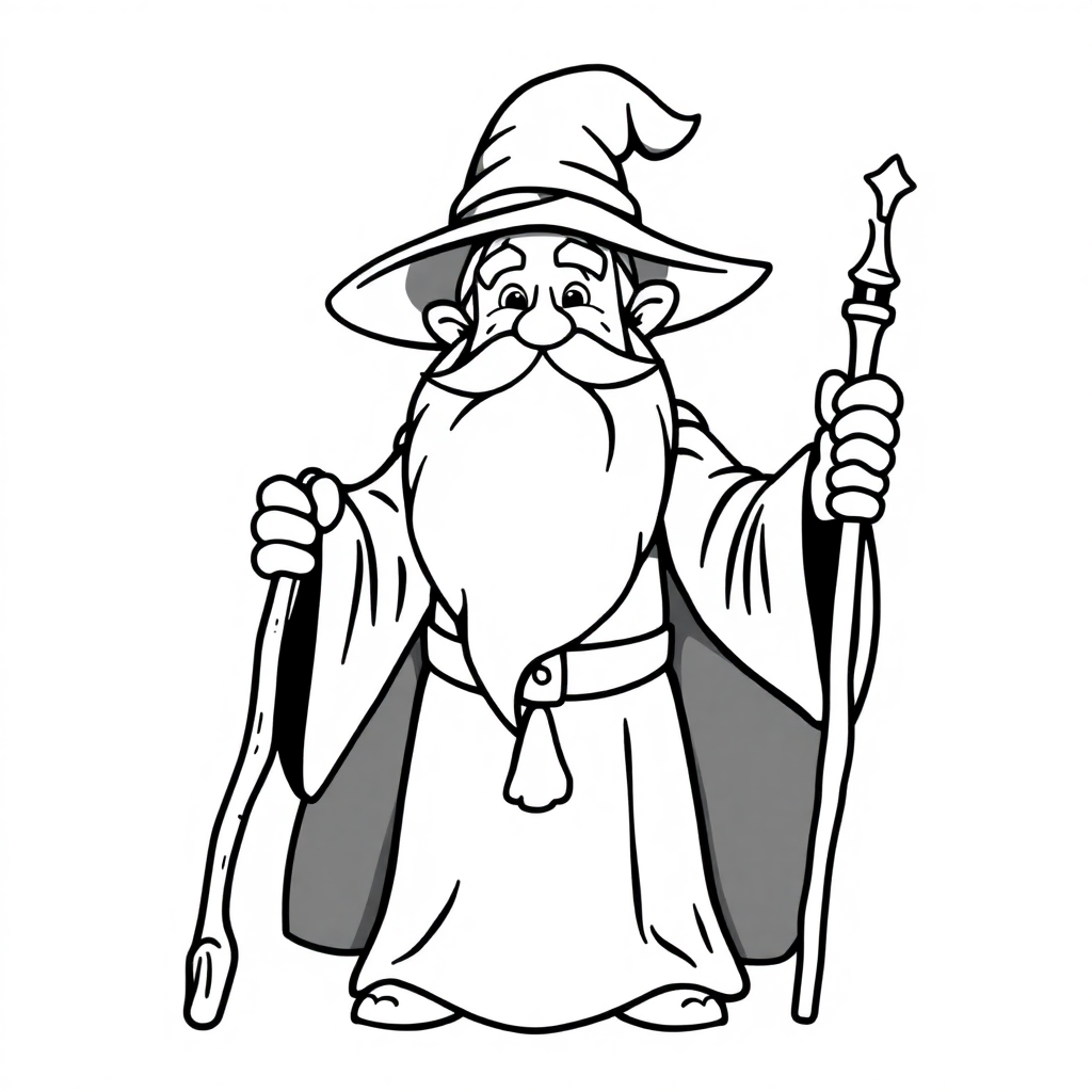 Friendly Wizard With Staff Coloring Page