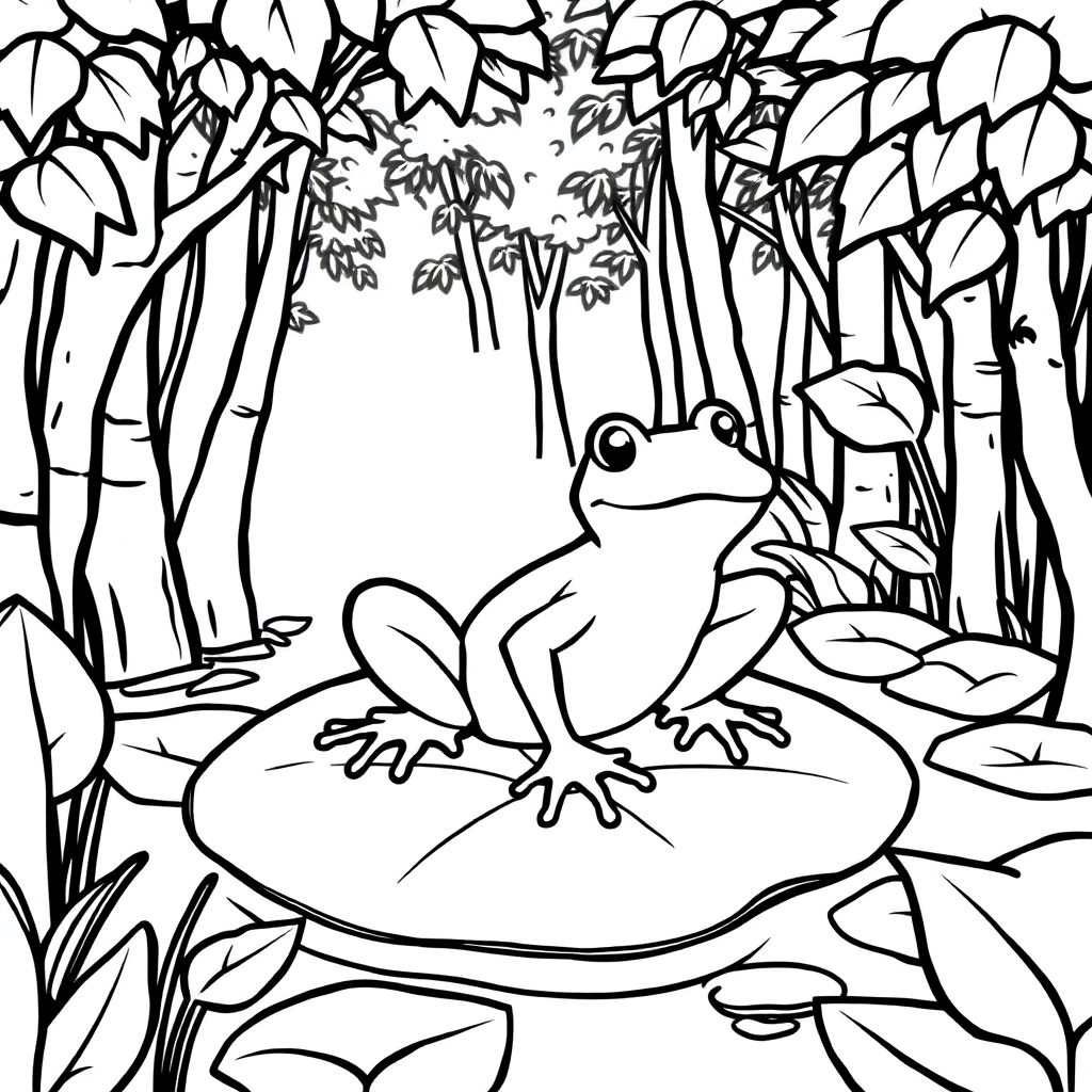 Frog On Lily Pad In Forest Coloring Page