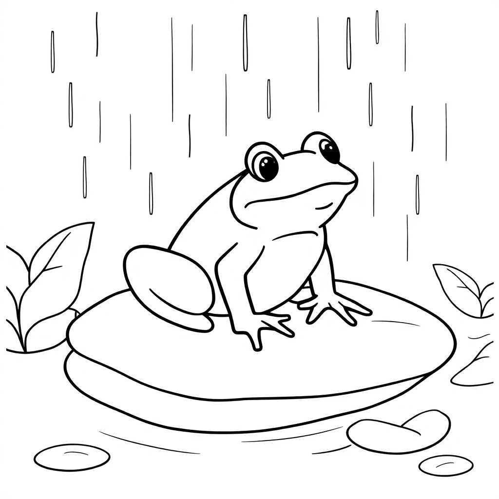 Frog On Lily Pad In Rain Coloring Page