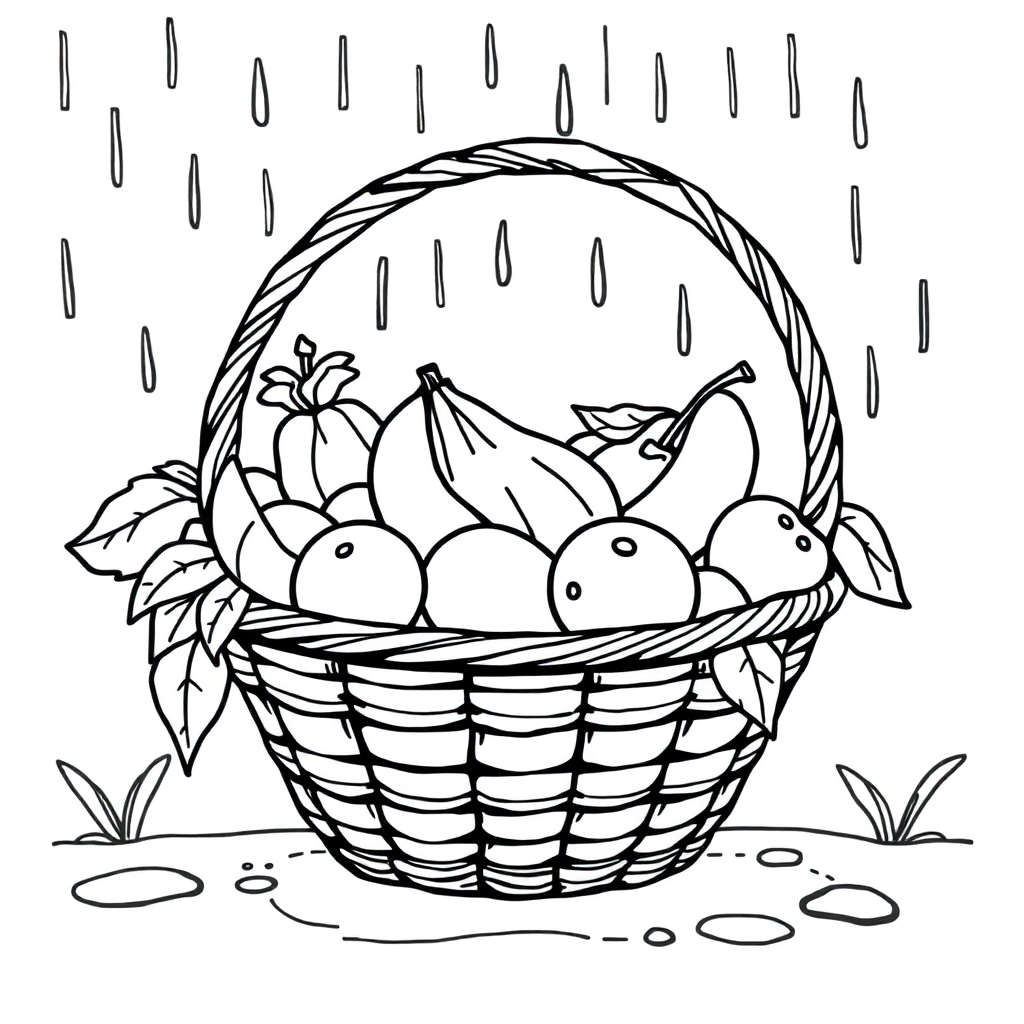 Fruit Basket In Rain Coloring Page