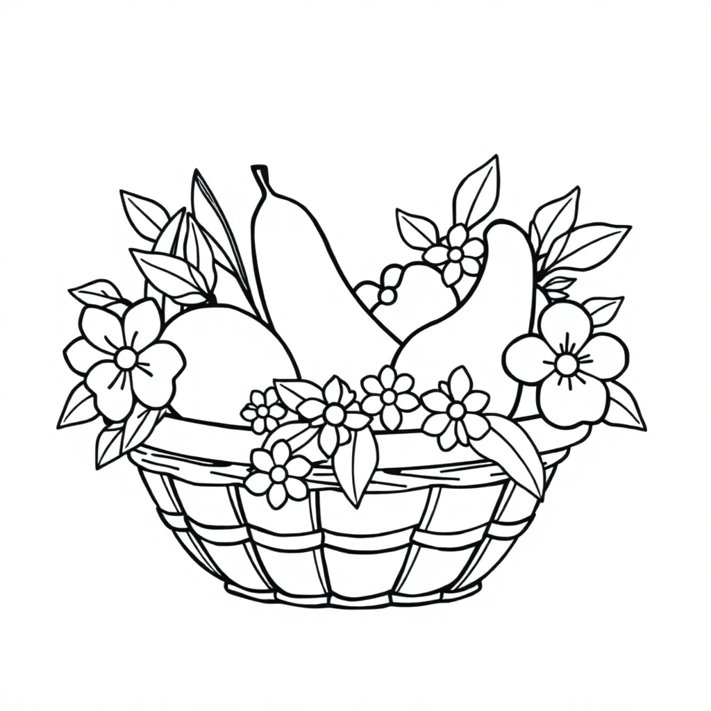 Fruit Basket With Flowers Coloring Page
