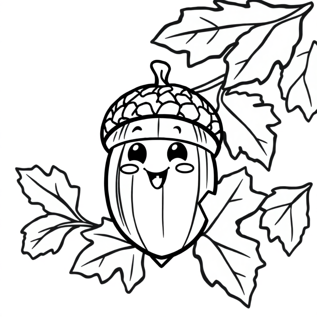 Funny Acorn And Oak Leaves Coloring Page