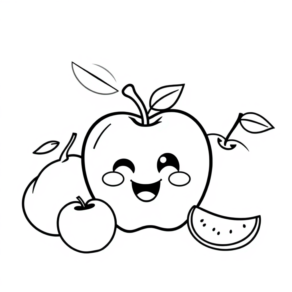 Funny Apple And Fruits Coloring Page