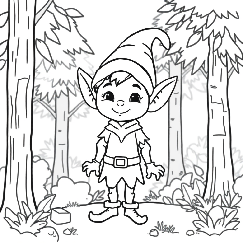 Funny Elf In Forest Coloring Page