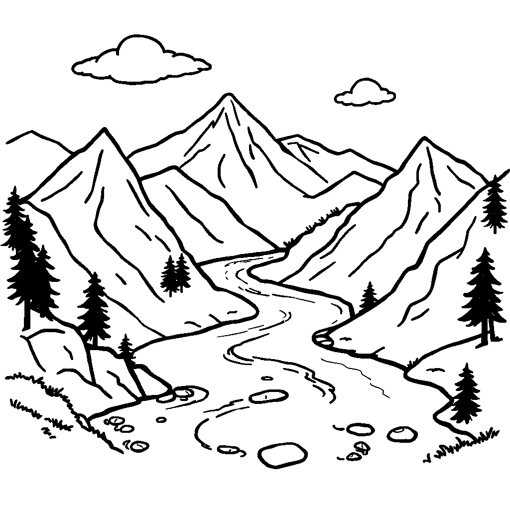 Funny River Through Mountains Coloring Page