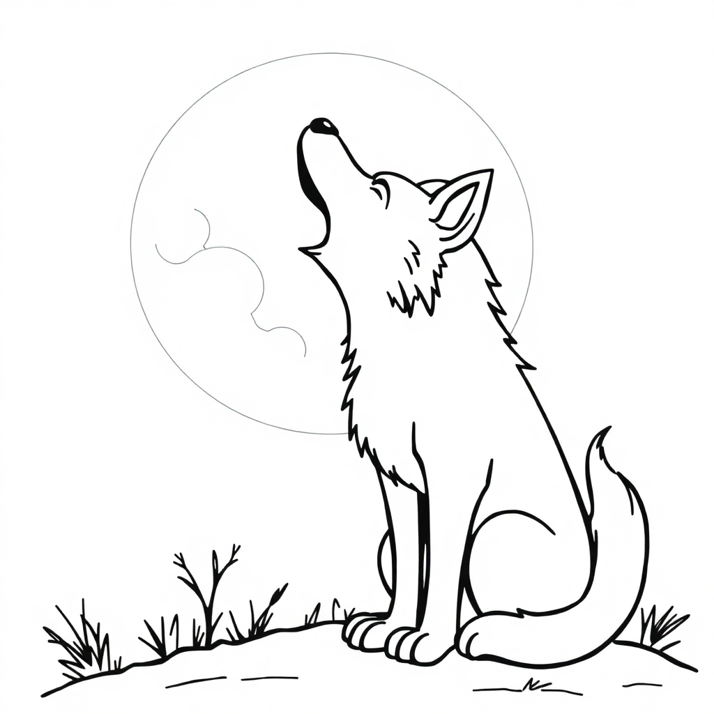Funny Wolf Howling At Moon Coloring Page