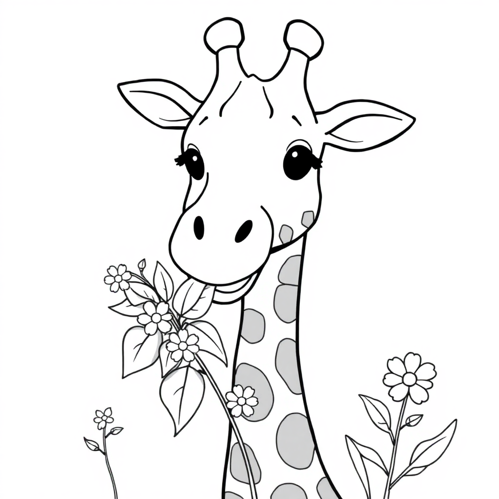 Giraffe Eating Leaves With Flowers Coloring Page