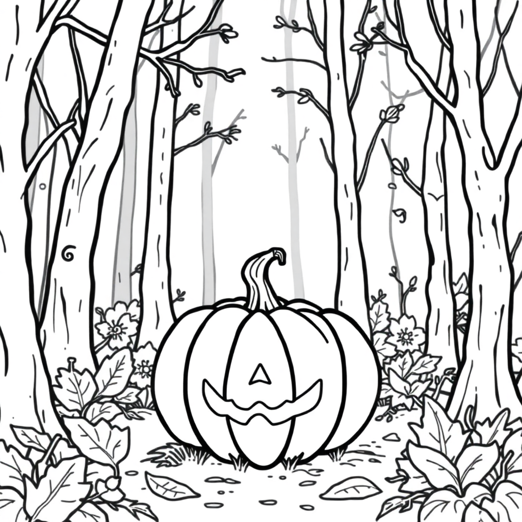 Halloween Pumpkin In Forest Coloring Page