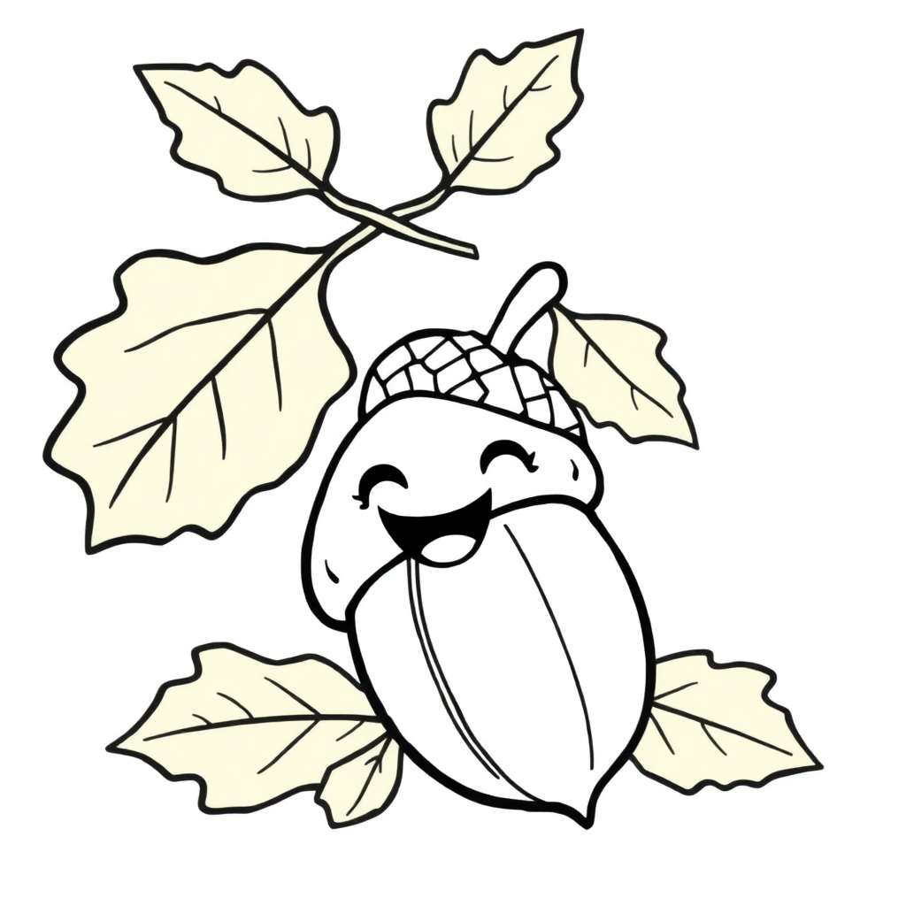 Happy Acorn And Oak Leaves Coloring Page