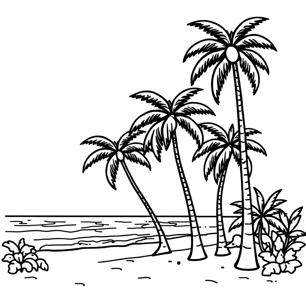 Happy Beach With Palm Trees Coloring Page