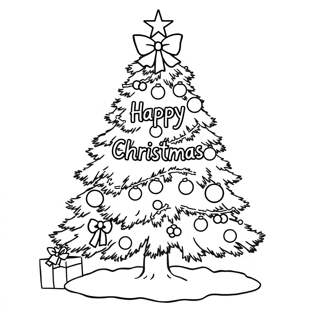 Happy Christmas Tree Decorated Coloring Page