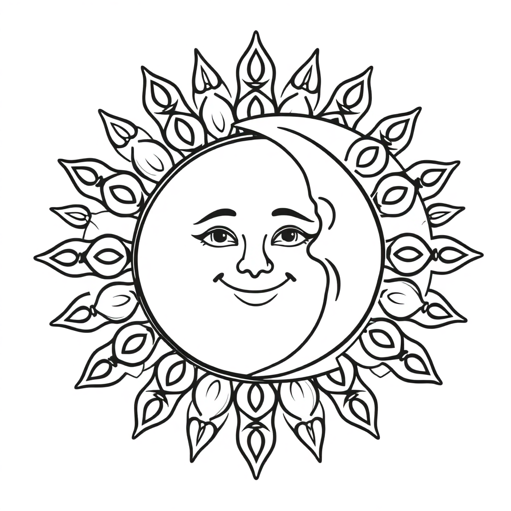 Happy Sun And Moon Mandala Coloring Page