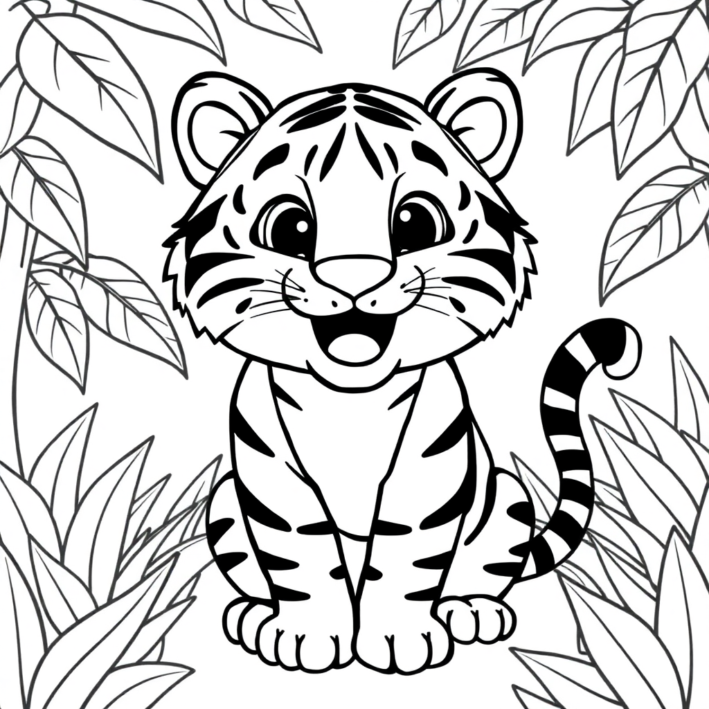 Happy Tiger In Jungle Coloring Page