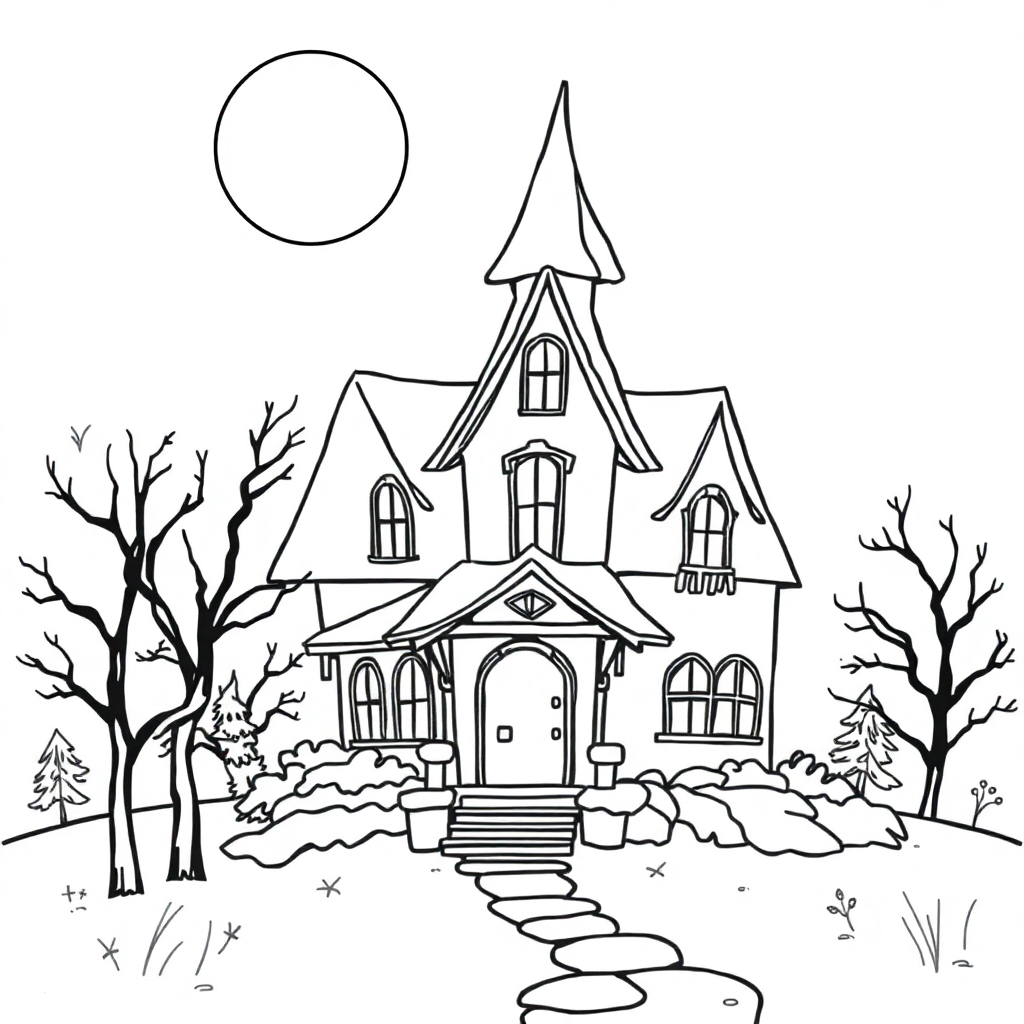 Haunted House In Winter Coloring Page